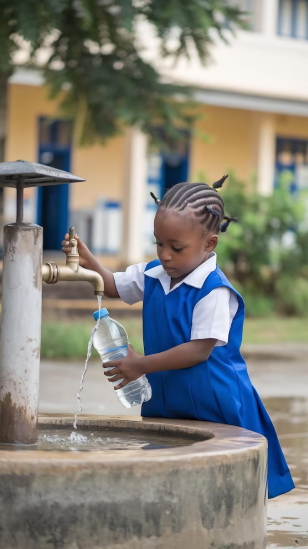 school kid drinking water from tap